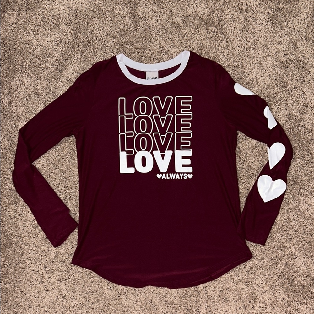 Burgundy Long Sleeve Love Shirt with Graphic Heart on Sleeve